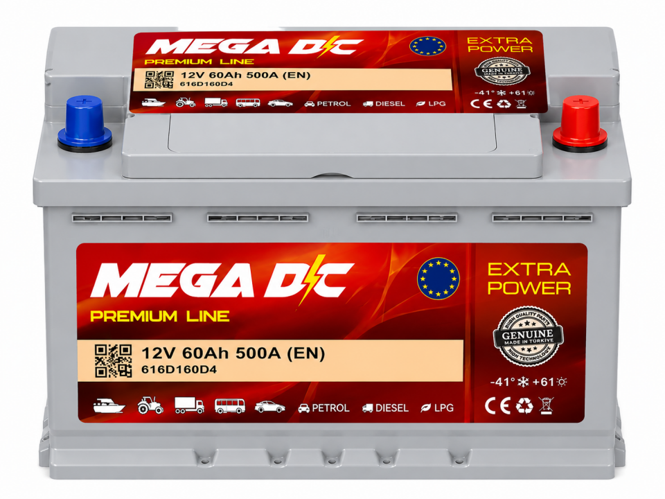 Mega DC 12V 60 Ah (Amper) 500 A (EN) Akü